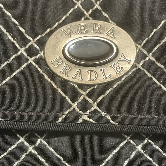 Vera Bradley Spectator Purse Handbag Black Microfiber White Stitching Turn Lock - Picture 3 of 7